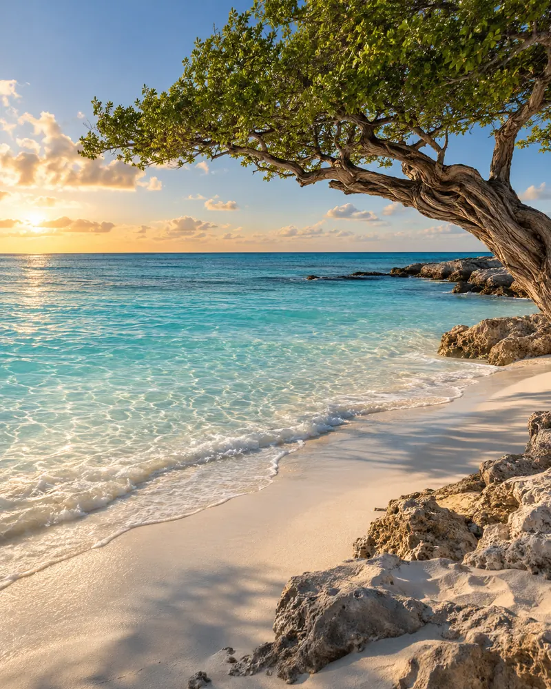Aruba-inspired coastal scene with turquoise water, white sand and a windswept tree in warm evening light